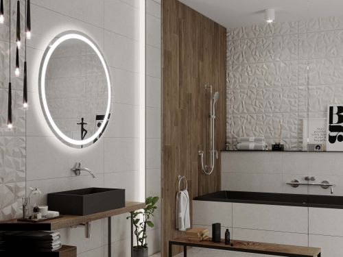 Okrągłe lustro do łazienki z półeczką i oświetleniem C4
